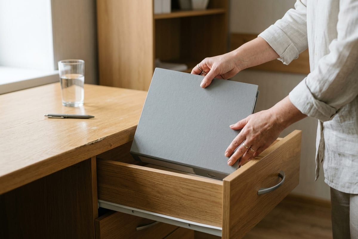 Руки кладут закрытую серую папку без надписей в открытый ящик письменного стола, на столе ручка и стакан воды