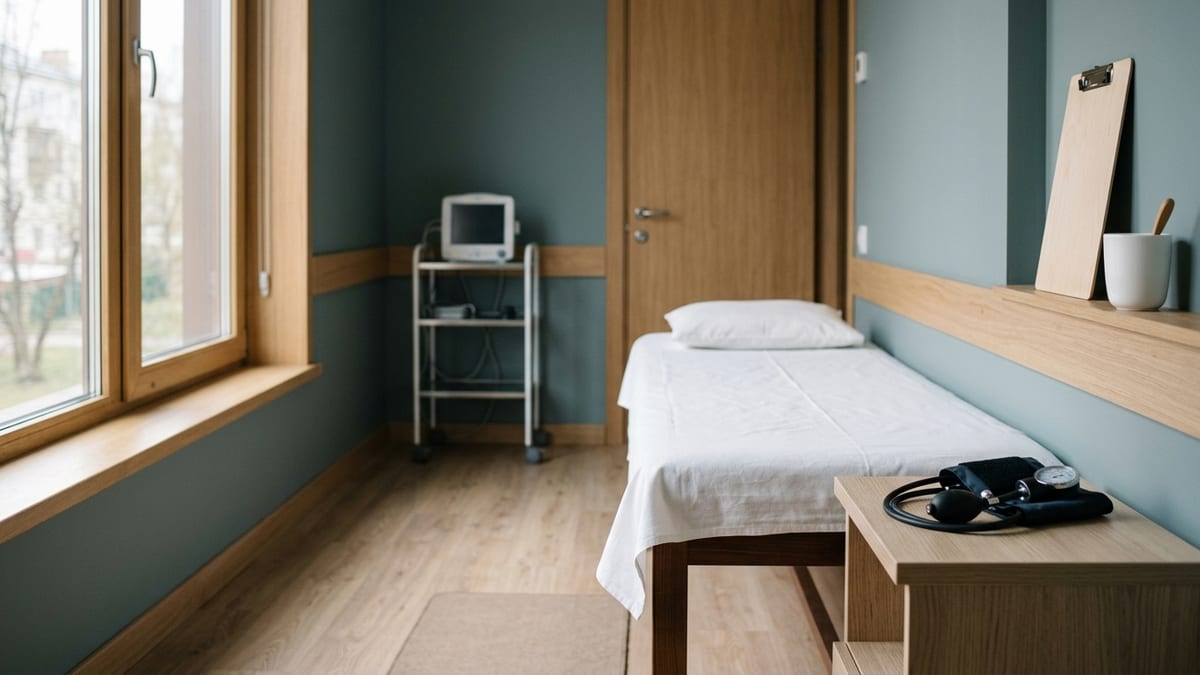 Кабинет диагностики общим планом: кушетка, столик с манжетой тонометра, аппарат в глубине не в фокусе